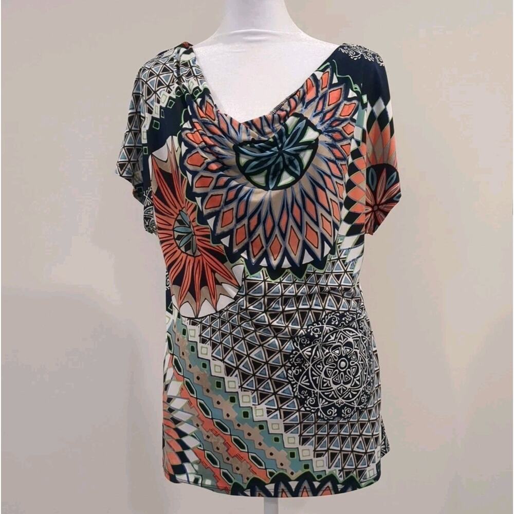 Agenda Shirt Women L Geometric Print Cap Sleeve Drape Neck Top Boho Hipster